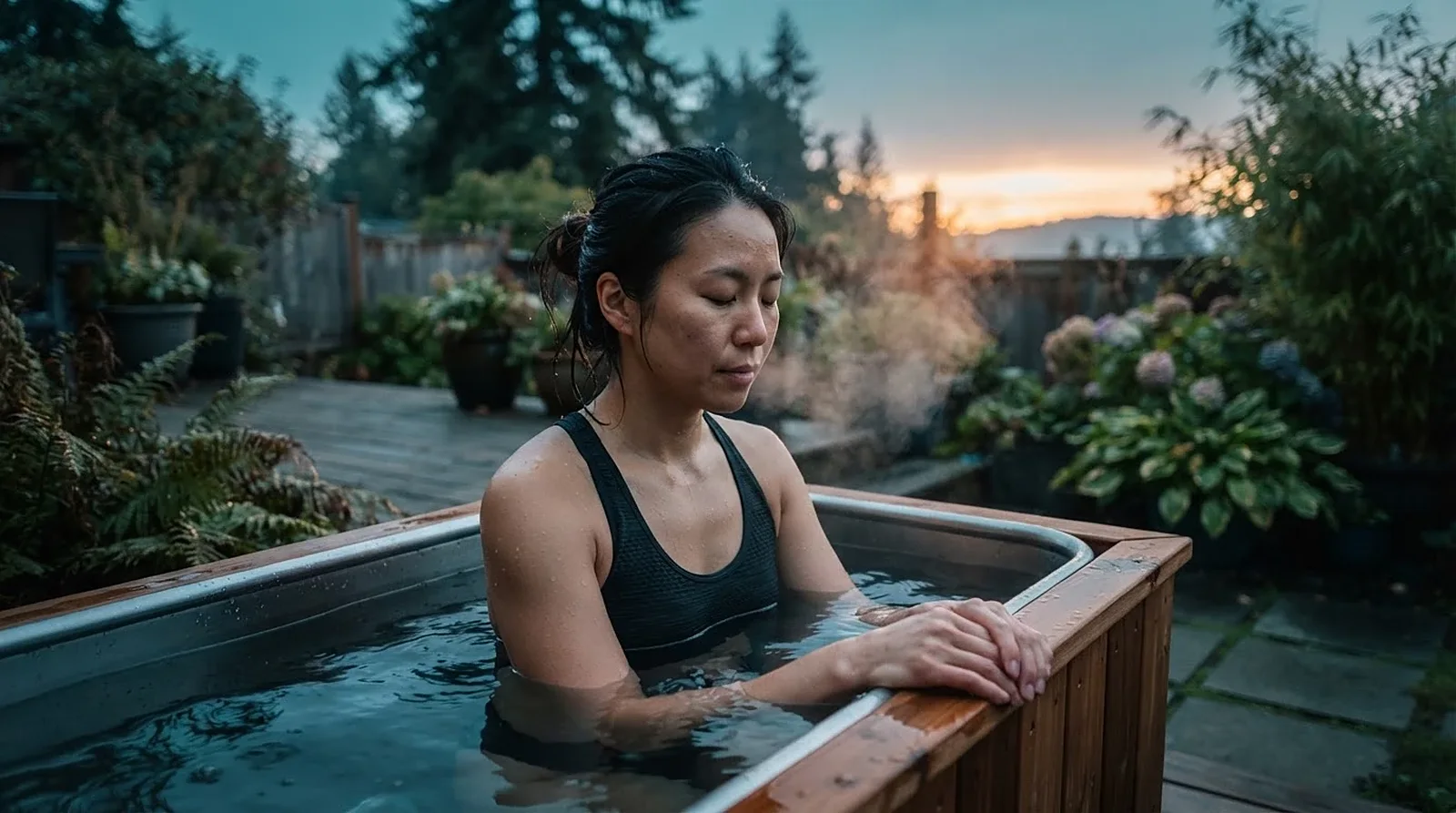 A woman sitting calmly in an outdoor cold plunge tub at dawn